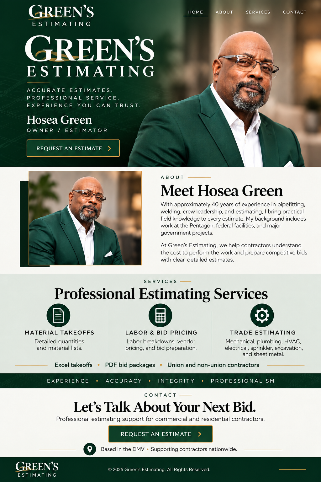 Hosea Green, owner and estimator, wearing a green jacket